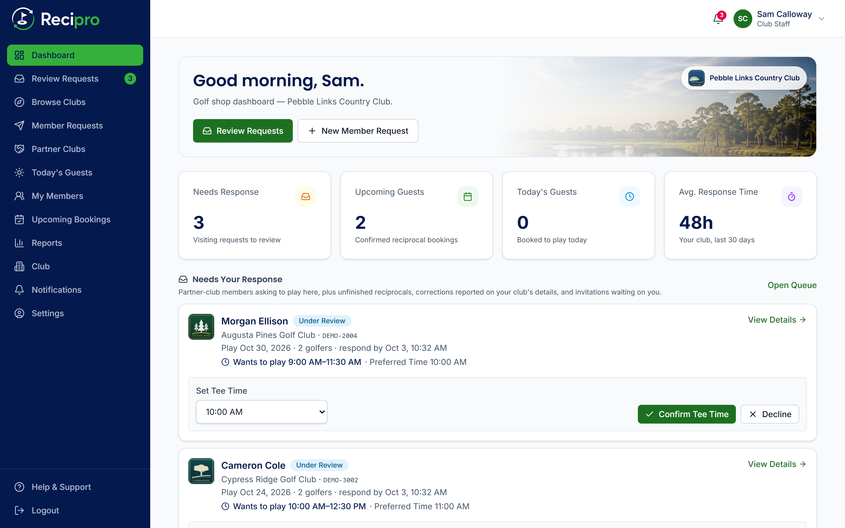 The Recipro golf shop dashboard, showing reciprocal requests awaiting a response.